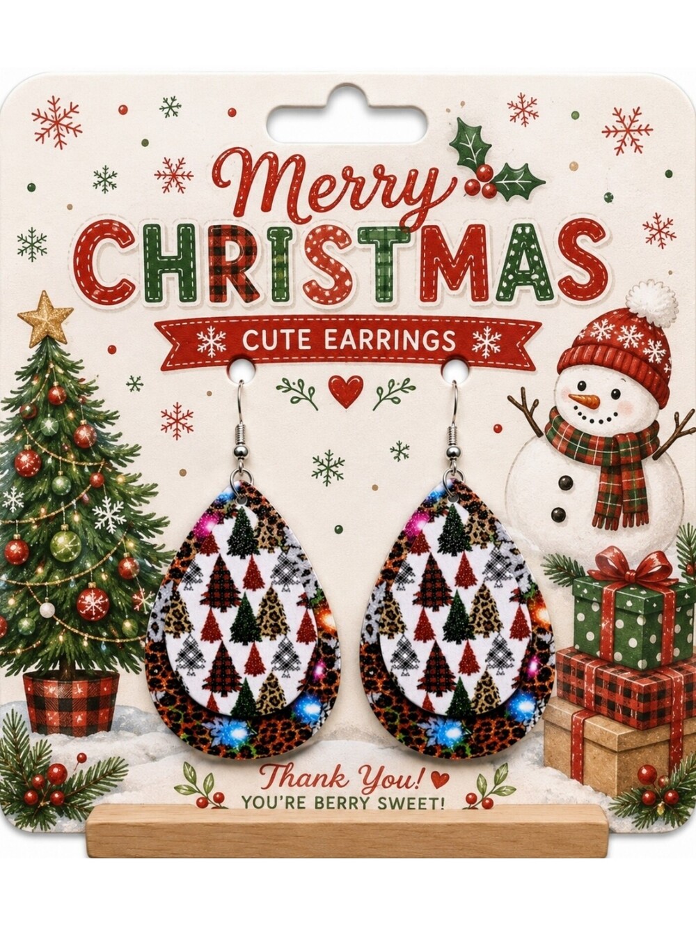 Christmas Tree Lights Holiday Faux Leather Tear Drop Hypoallergenic Earrings